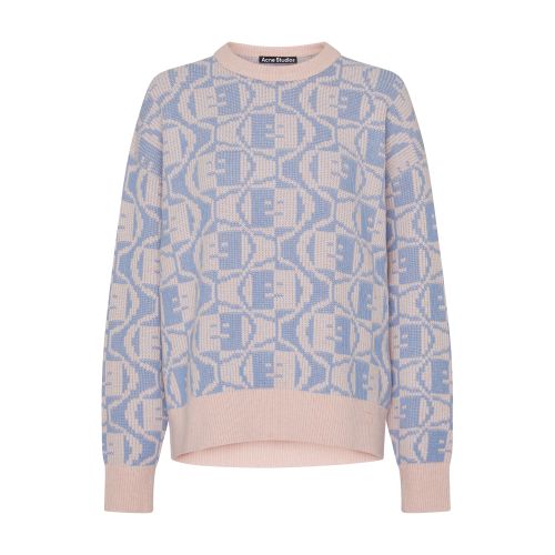 Acne Studios Katch Face Logo Two-tone Wool & Cotton Sweater In Faded_pink_melange_light_blue