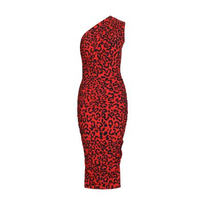 Dolce & Gabbana Leopard-print Ruched One-shoulder Midi Dress In Leo Nero Fdo Rosso