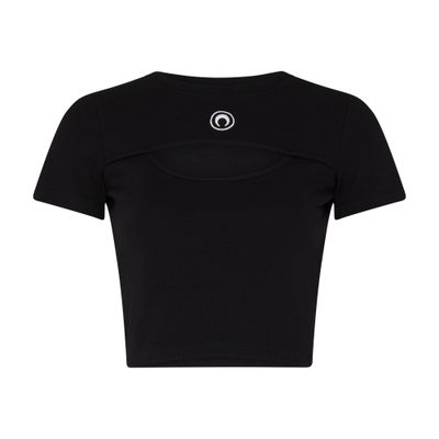 Marine Serre Black Moon Logo Ribbed Jersey Cut-out T-shirt In Black