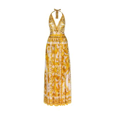 Dolce & Gabbana Maiolica Open-back Pleated Printed Silk-chiffon Halterneck Maxi Dress In Multicolor