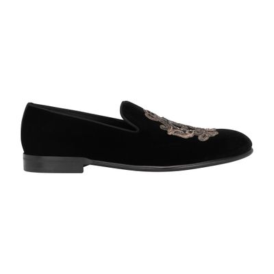 Dolce & Gabbana Velvet Slippers With Coat Of Arms Embroidery In Black_gun_metal