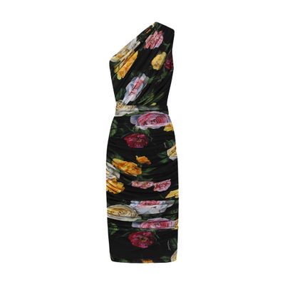 Dolce & Gabbana Tulle One-shoulder Calf-length Dress With Peony And Rose Print In Multicolor