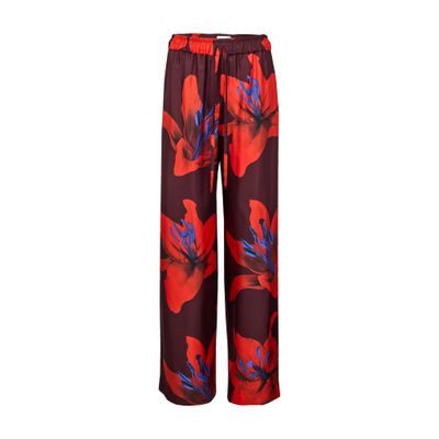 Alexander Mcqueen Wide-leg Silk Twill Trousers With Flame Lily Print In Burgundy