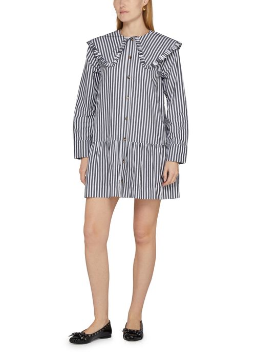 GANNI Stripe cotton big collar mini shirt dress