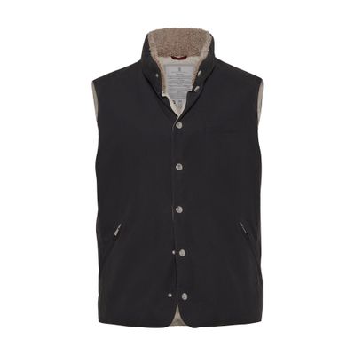 Brunello Cucinelli Techno Cotton Gabardine Down Vest With Shearling Insert In Grey