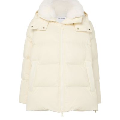 Hooded puffer jacket with a fox fur collar