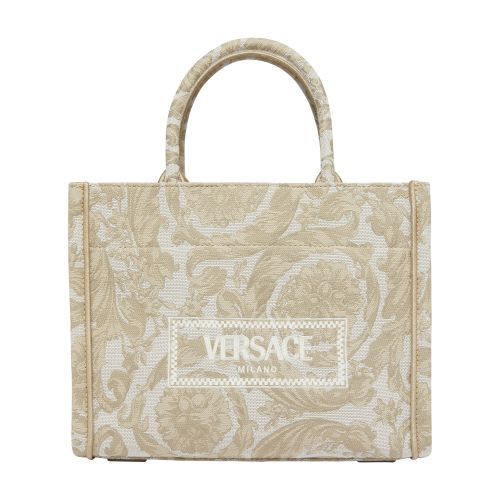 Versace Embroidered Jacquard Barocco And Calf Leather Medium Tote In Beige_beige__gold