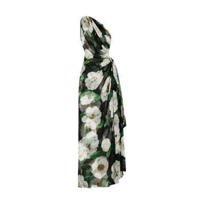Dolce & Gabbana Long One-shoulder Floral Silk Dress In Multicolor