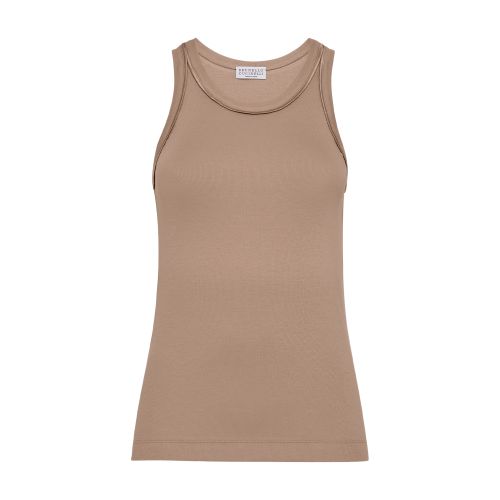 Brunello Cucinelli Women's Stretch Cotton Ribbed Jersey Top With Satin Trims In Light_brown