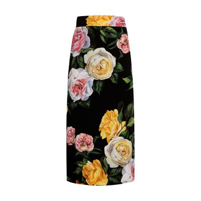 Dolce & Gabbana Black Midi Skirt With All-over Floral Print In Multicolor