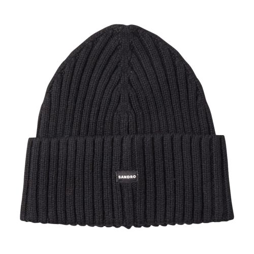 Sandro Ribbed Knit Cuffed Beanie In Schwarz