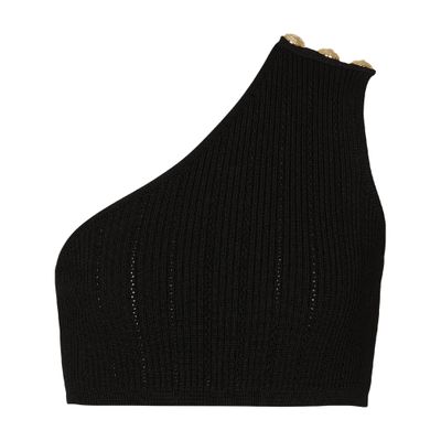 Balmain Asymmetric Viscose Ribbed Knit Crop Top In Black