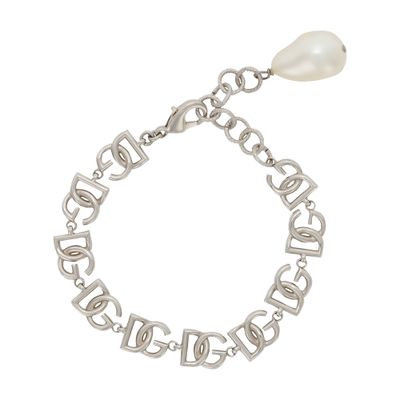 Shop Dolce & Gabbana Link Bracelet With Multiple Dg Logo In Silver