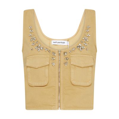 Self-portrait Crystal-embellished Twill Vest In Beige