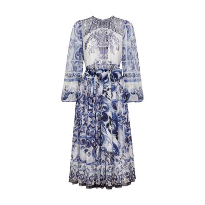 Dolce & Gabbana Majolica Print Chiffon Midi Dress In Mix_maiolica_blu