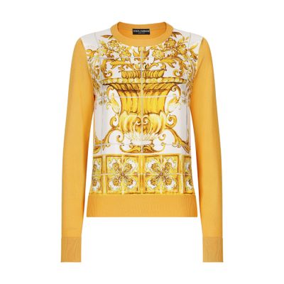 Dolce & Gabbana Silk Sweater With Majolica-print Silk Twill Panel On The Front In Multicolor