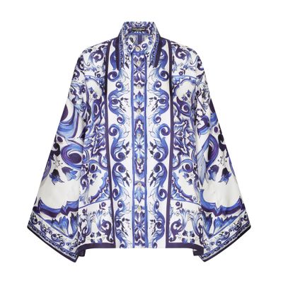Dolce & Gabbana Pottery Printed Twill Slit Shirt In Tris_maioliche_blu