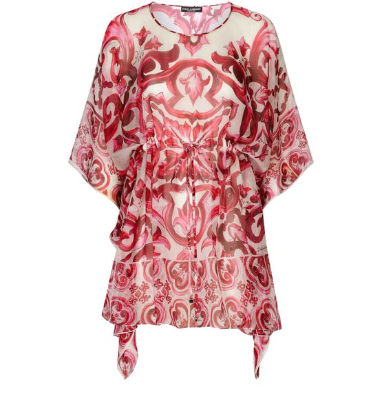 Dolce Gabbana Short Majolica print Chiffon Caftan Woman Dresses Fuchsia Silk 48
