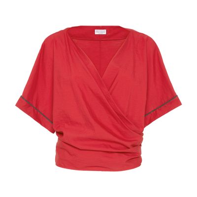 Brunello Cucinelli Cotton Poplin Wrap-over Blouse In Red