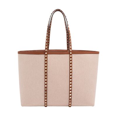 Valentino Rockstud Canvas Medium Tote In Brown