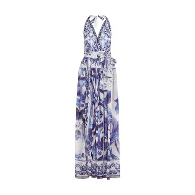 Dolce & Gabbana Majolica-print Halterneck Maxi Dress In Tris_maioliche_blu