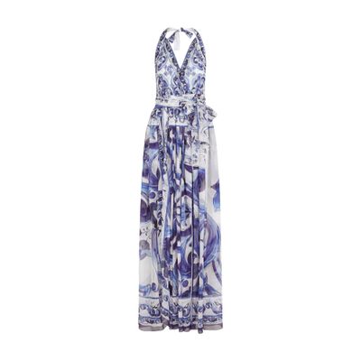 Shop Dolce & Gabbana Long Sleeveless Chiffon Dress With Majolica Print In Tris_maioliche_blu