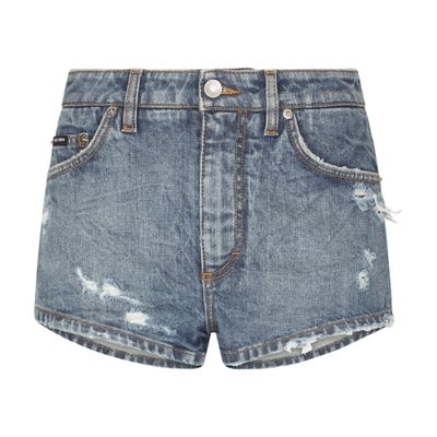 Shop Dolce & Gabbana Denim Shorts With Ripped Details In Combined Colour