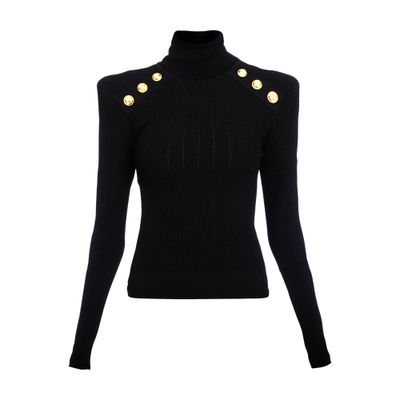 Balmain Button-embellished Ribbed-knit Jumper In Black