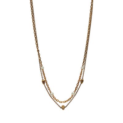 Alexander Mcqueen Pearl And Skull Necklace In Antique Gold Pearl