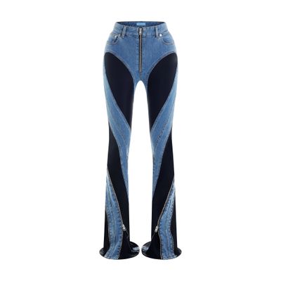 Shop Mugler Spiral-pattern, Bi-material Split Jeans In Black