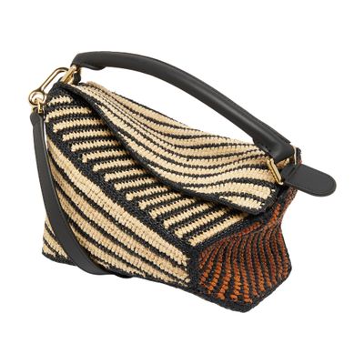Loewe + Paula's Ibiza Puzzle Edge Small Leather-trimmed Striped Raffia Shoulder Bag In Brown