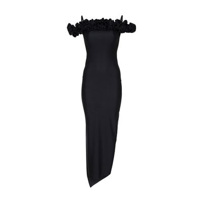 Coperni Zip Ruffle Off-the-shoulder Satin Midi Slip Dress In Black