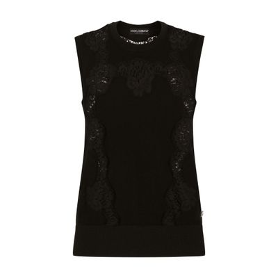 Dolce & Gabbana Cashmere And Silk Sweater With Lace Inlay In Black