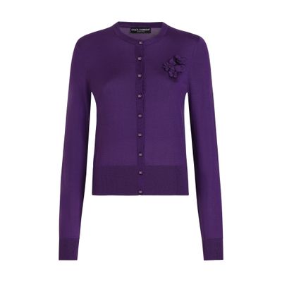 Dolce & Gabbana Flower Applique Silk Cardigan In Purple