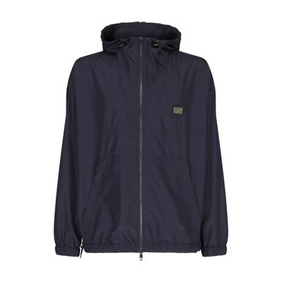 Dolce & Gabbana Nylon Jacket With Hood And Logo Plaque In Blue