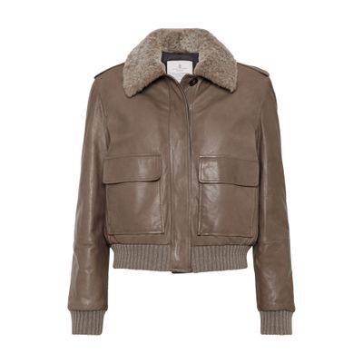 Brunello Cucinelli Leather Jacket With Shearling Collar And Ribbed Finish In Brown