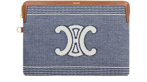 CELINE Small pouch with strap in striped textile with Triomphe