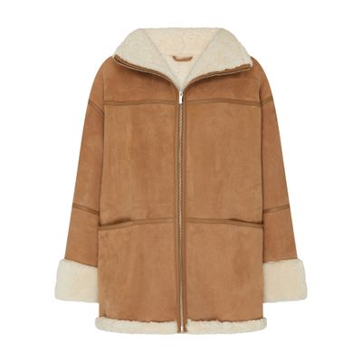 Totême Biscuits Shearling Lamb Leather Jacket With Wide Collar In Beige