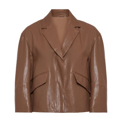 Brunello Cucinelli Brown Crop Jacket With Classic Lapels And Three-quarter Sleeves In Leather Woman In Brown