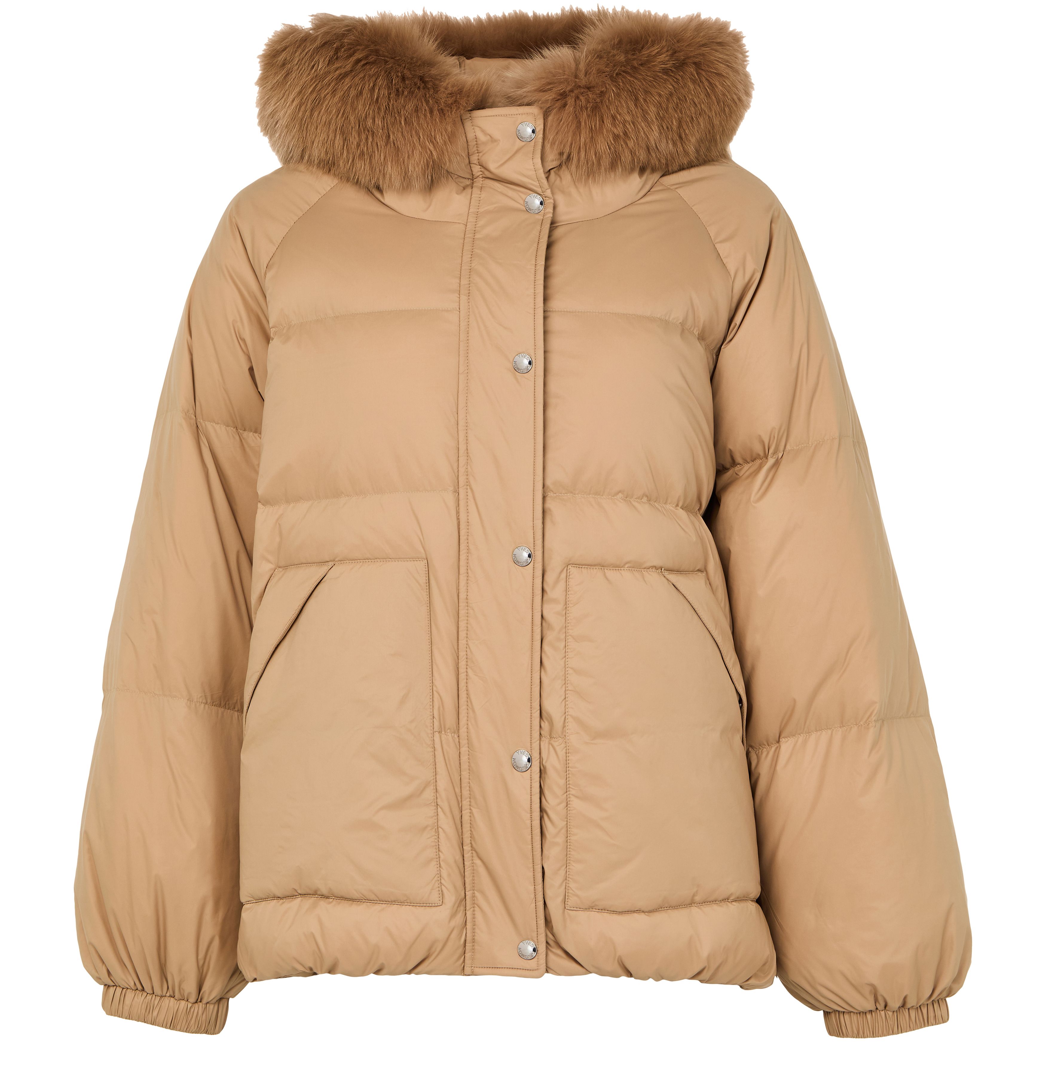 Hooded puffer jacket with a fox fur trim