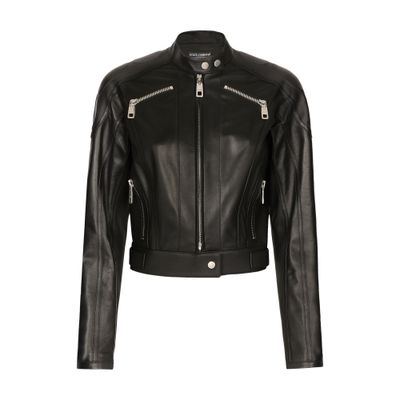 Dolce & Gabbana Long-sleeved Leather Jacket With Vertical Collar In Black
