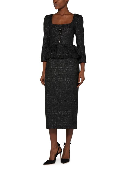 SELF PORTRAIT Black boucle peplum midi dress
