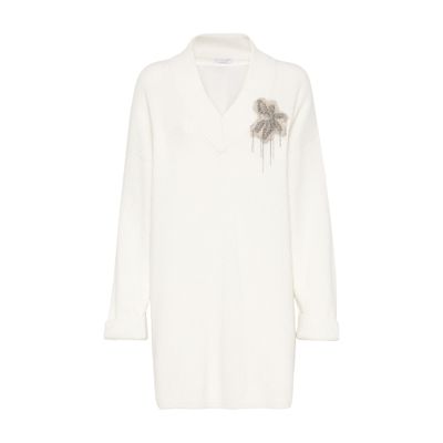Brunello Cucinelli Bead-embellished Cashmere Dress In White