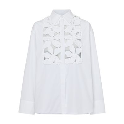 Valentino Poplin Floral Button-front Shirt With Lasercut Bib In White