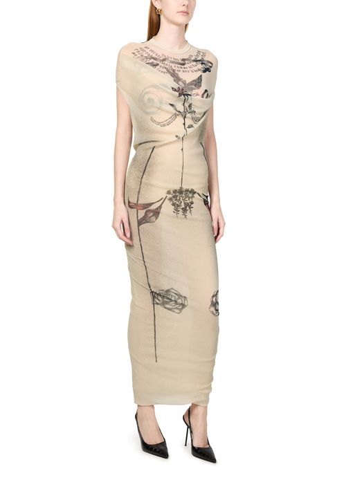 JEAN PAUL GAULTIER Robe longue en mesh imprimé Tattoo à double couche