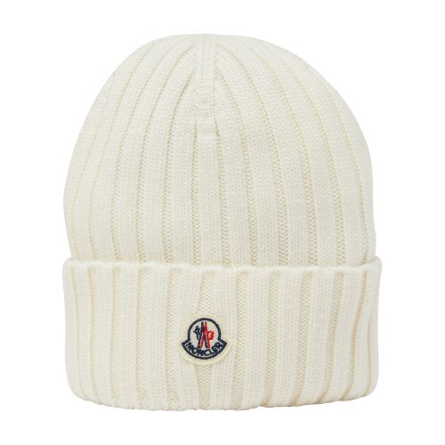 Moncler Ribbed Wool Beanie W/ Logo In Off_white