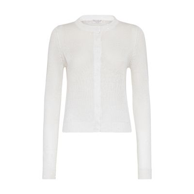 Brunello Cucinelli Women's Linen And Silk Diamond Yarn Cardigan With Monili In White