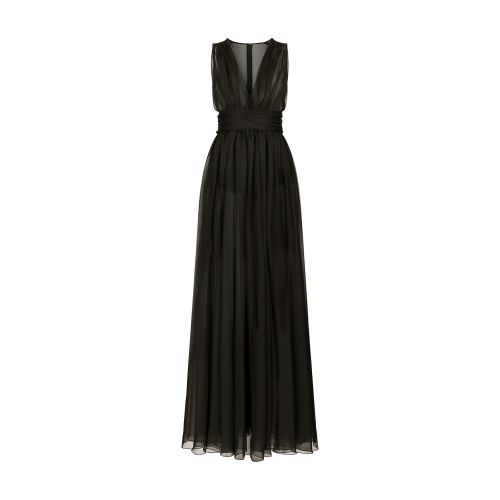 Dolce & Gabbana Long Chiffon Dress With Draped Belt In Black