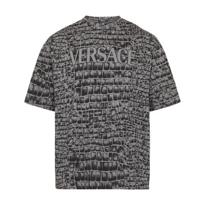 Versace Crocodile Print Logo T-shirt In 2ed10_medium_gray_melange_black