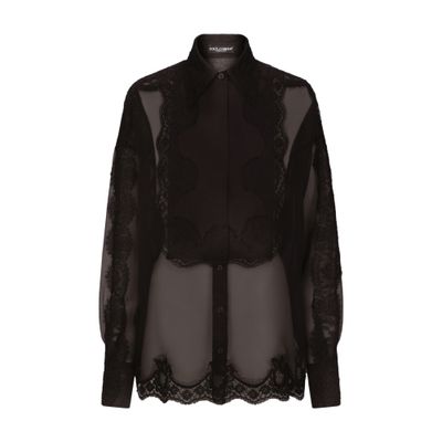 Dolce & Gabbana Organza Tuxedo Shirt With Lace Inserts In Black